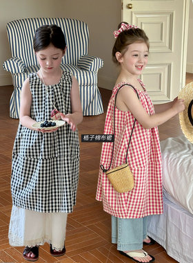 Yumi妈女童设计感裙子公主连衣裙立体茧型复古格子背心裙夏25C080
