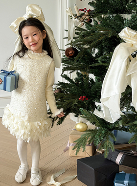 Yumi妈2025年女童冬季小香风儿童千金风公主花朵羽毛背心裙25M067