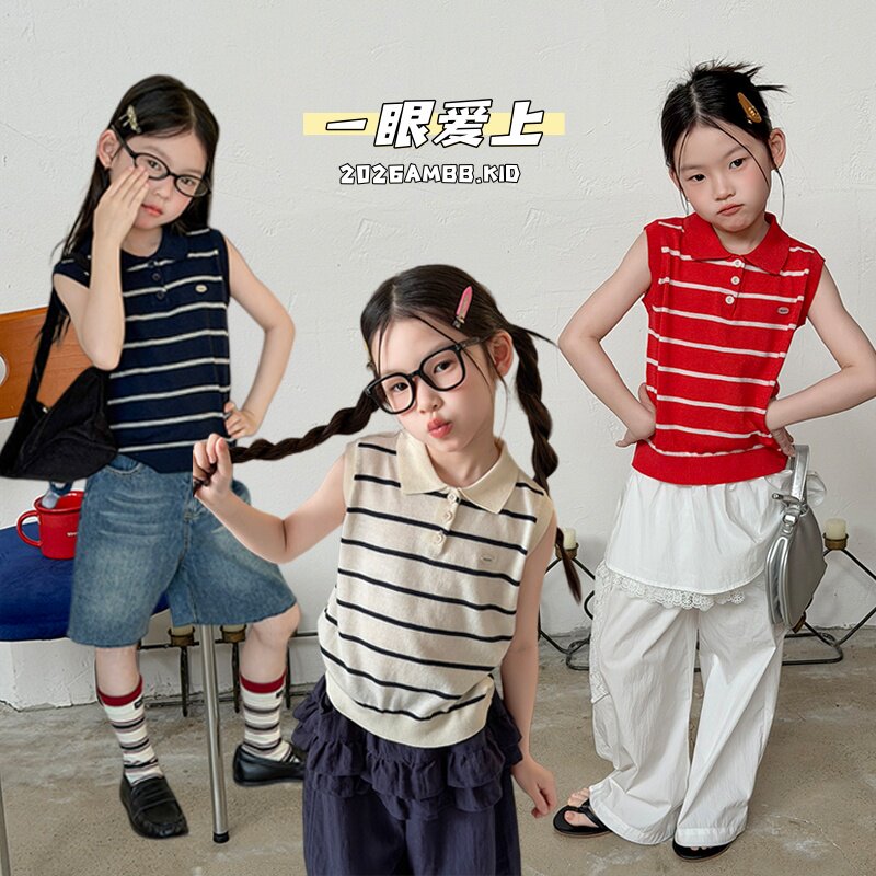 女童韩系夏日清爽条纹POLO衫图片