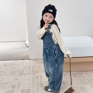 25G007 复古磨白牛仔背带裤 Yumi妈儿童时髦连体裤 女童秋季