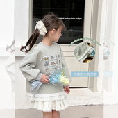 Yumi妈女童洋气甜美蕾丝下摆拼接立体蝴蝶结小狗卫衣潮 25A012