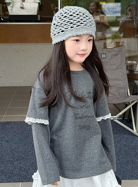Yumi妈女童秋装蕾丝边拼接袖儿童亮晶晶花边长袖T恤上衣 25F030