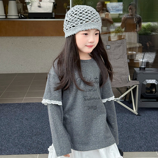 T恤上衣 儿童亮晶晶花边长袖 25F030 蕾丝边拼接袖 Yumi妈女童秋装