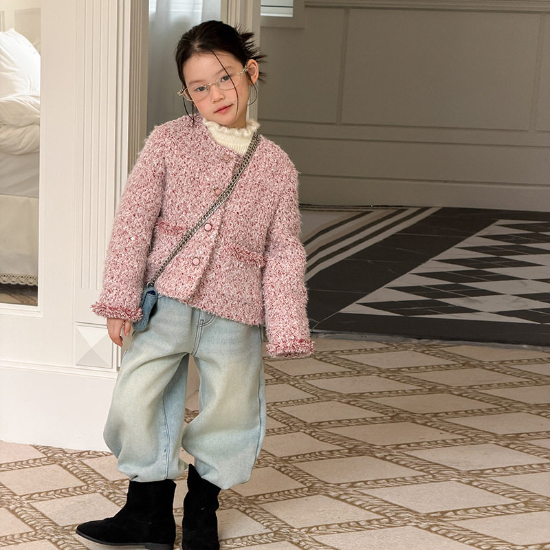 Yumi妈女童韩版休闲时髦短款儿童冬季名媛小香风开衫外套25M193