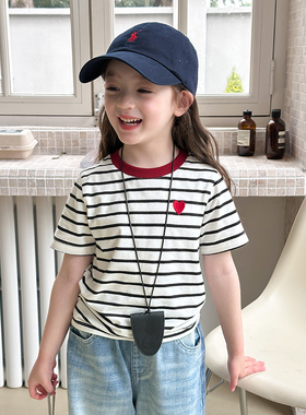 Yumi妈儿童条纹短袖女童韩版半袖洋气撞色刺绣爱心T恤25B025