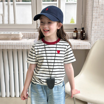 Yumi妈儿童条纹短袖女童韩版半袖洋气撞色刺绣爱心T恤25B025