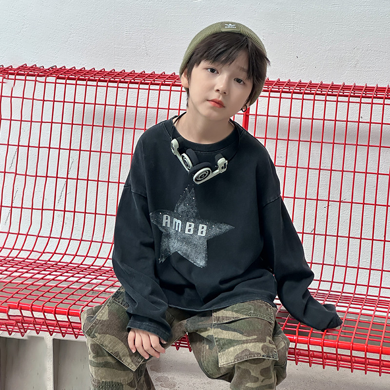 Yumi妈男童秋装复古砂洗棉宽松T恤中大童加厚全棉25F155,童装/婴儿装/亲子装,T恤,淘宝优惠券,粉丝福利购,淘宝优惠卷