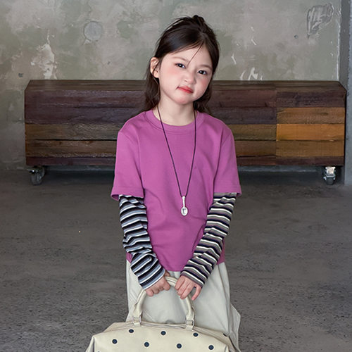 韩版假两件长袖打底T恤女