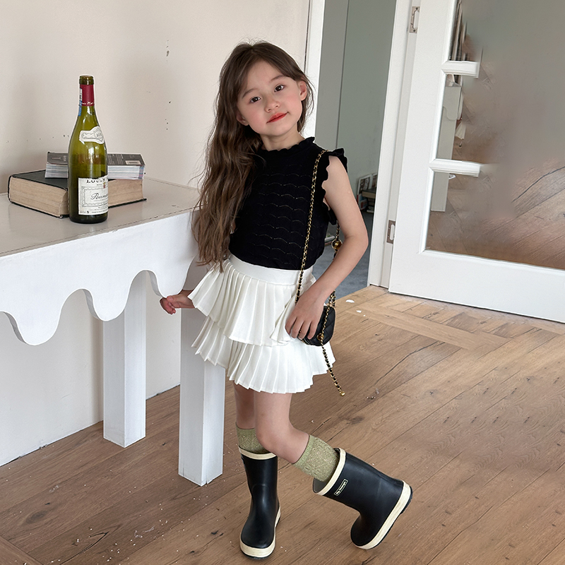 清仓 女童法式花边背心夏新款儿童赫本风气质无袖针织上衣24T133