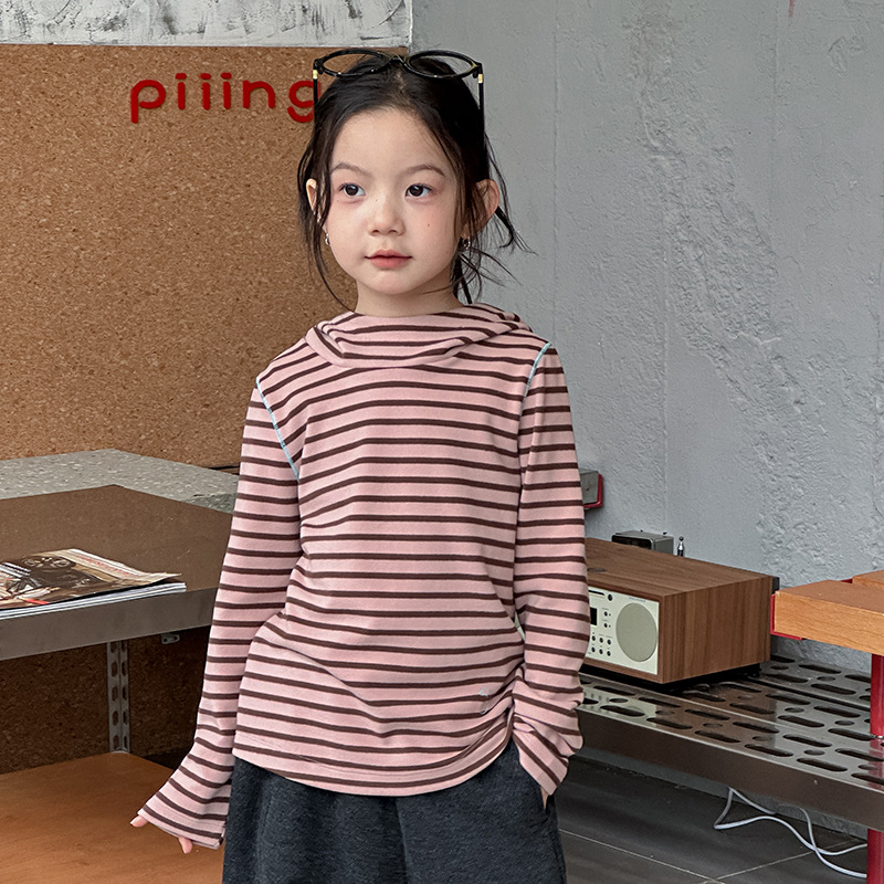 Yumi妈女童德绒高弹力条纹连帽衫