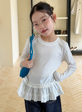 Yumi妈女童韩系软糯莱赛尔罗纹甜美层次感精致花边儿童上衣26A055