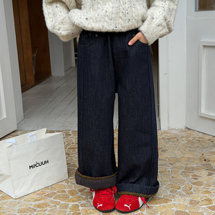 Yumi妈冬新品中大小女童洋气精致豹纹款儿童时尚翻边牛仔裤25K051