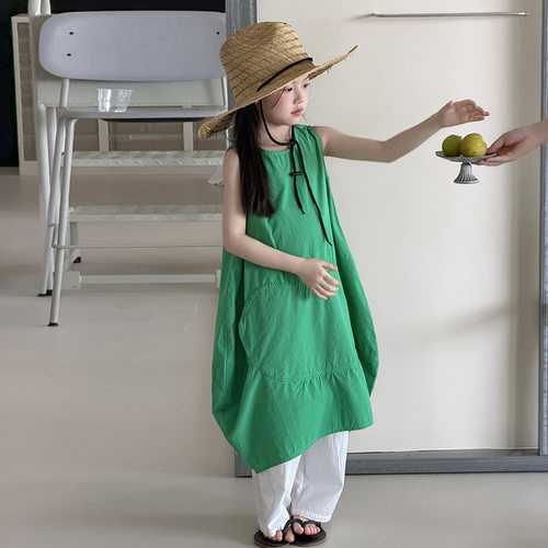 女童夏季长款无袖花苞连衣裙