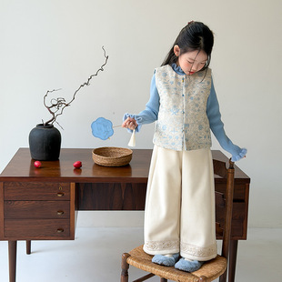 Yumi妈冬季女童拜年款青底繁花新中式背心儿童国风夹棉马甲25M010