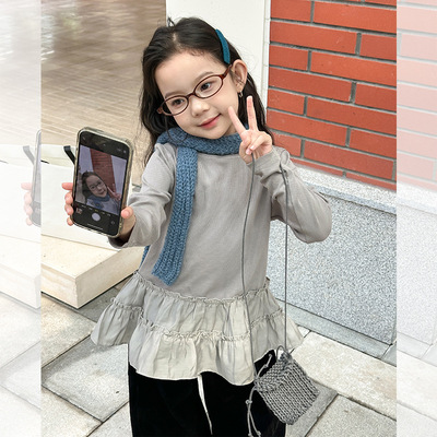 女童时髦针织坑条内搭拼接打底衫