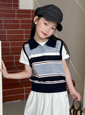 Yumi妈儿童夏款女童洋气简约叠穿POLO针织衫条纹翻领背心 26A225