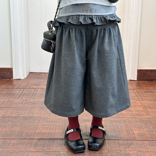 25F043 时髦宽松八分毛呢儿童阔腿裤 Yumi妈女童秋装 宝宝韩版
