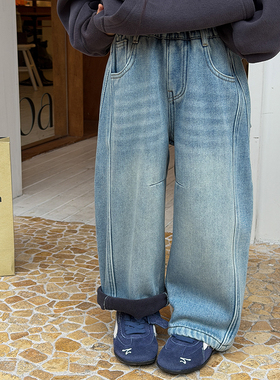 Yumi妈女童裤子冬儿童高品质好版型时髦拼接复古做旧牛仔裤25K046