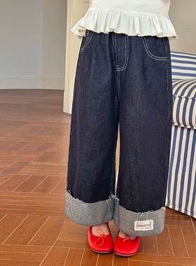 Yumi妈 儿童贴标牛仔裤女童春季防褪色休闲卷边直筒裤  25A008