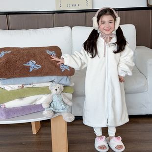 Yumi妈儿童珊瑚绒睡袍女童卡通可爱纯色加厚家居服毛绒睡裙25K005