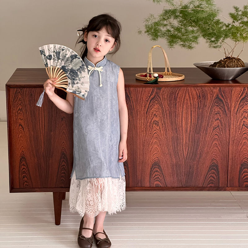 儿童夏季国风汉服裙女童薄款天丝扎染印花蕾丝旗袍连衣裙  25E018