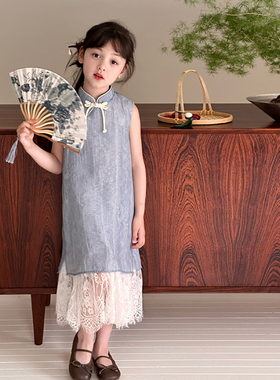 Yumi妈 儿童国风汉服裙薄款天丝扎染印花蕾丝旗袍连衣裙  25E018