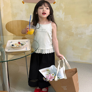 25D077 T恤 清仓 女童字母蕾丝拼接小背心儿童休闲清爽无袖
