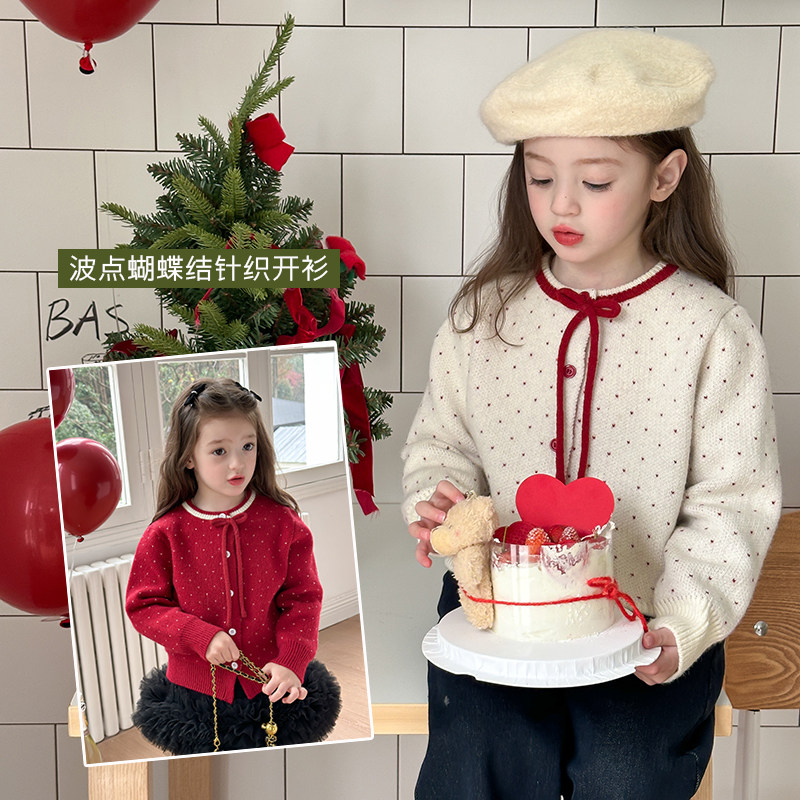 Yumi妈儿童撞色波点蝴蝶结针织衫
