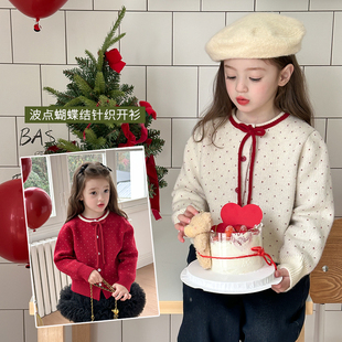 Yumi妈儿童冬季 外套24B071 毛衣女童撞色甜美波点蝴蝶结针织开衫