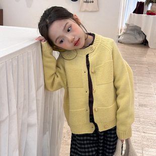 Yumi妈女童慵懒风毛衣儿童冬季 外套上衣25H164 不对称纽扣针织开衫