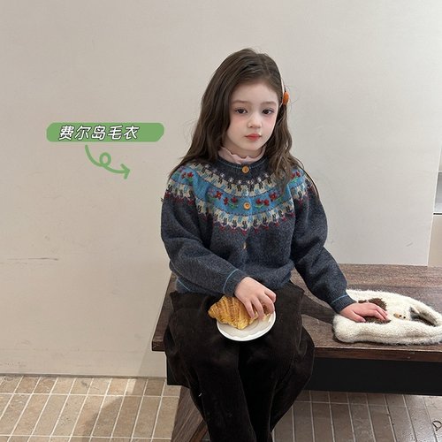 女童复古费尔岛毛衣针织开衫外套