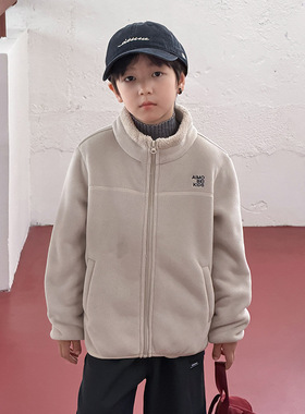 Yumi妈冬季新款儿童加厚毛绒上衣男童帅气保暖立领加绒外套25H134