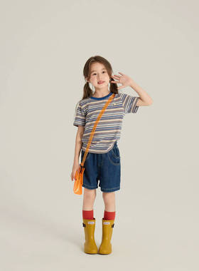 Yumi妈 夏季女童复古条纹短袖T恤中大童休闲百搭上衣潮 25C205