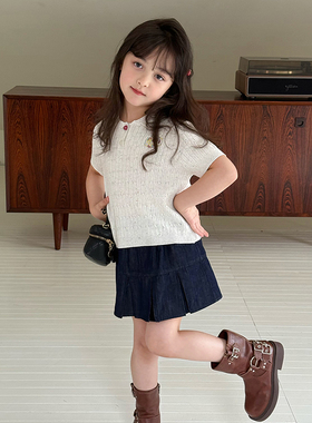 Yumi妈女童绞花短袖T恤字母刺绣彩点针织翻领POLO衫上衣   25E055