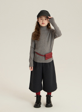 Yumi妈儿童冬季新款加厚百搭打底毛衣女童时髦坑条中领毛衣25H177