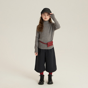 Yumi妈儿童冬季新款加厚百搭打底毛衣女童时髦坑条中领毛衣25H177