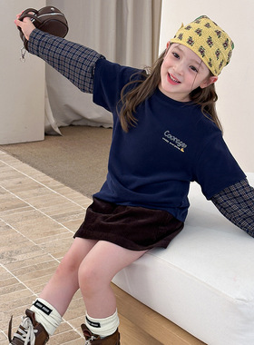 Yumi妈男女童韩版宽松假两件打底衫儿童秋季卡通长袖T恤25G181