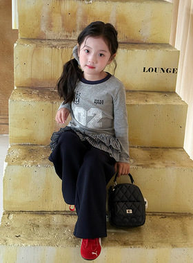 Yumi妈女童秋装修身辣妹风上衣儿童长袖T恤字母打底衫25F063