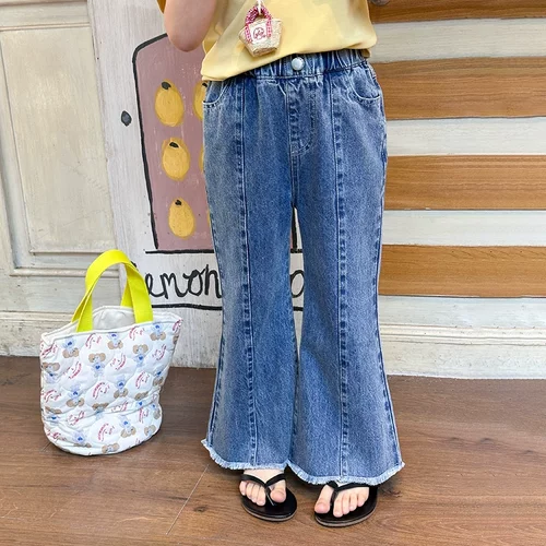 Yumi妈儿童时髦百搭长裤子女童毛须边拼接喇叭牛仔裤25B019