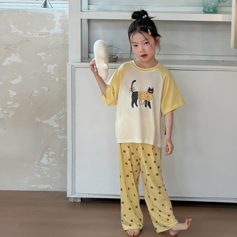 Yumi妈女童撞色居家服短袖两件套儿童卡通家居服睡衣套装夏26C161