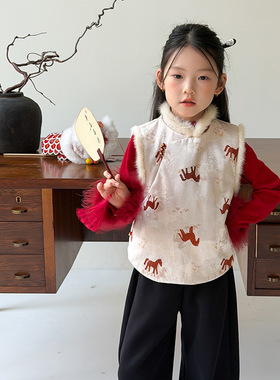 Yumi妈冬季女童新年奢雅水貂毛拼接旗袍儿童背心保暖马甲25M044