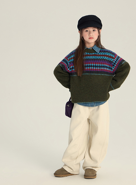 Yumi妈男女童加厚复古费尔岛针织儿童洋气菱格提花保暖毛衣25M182