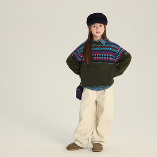 Yumi妈男女童加厚复古费尔岛针织儿童洋气菱格提花保暖毛衣25M182