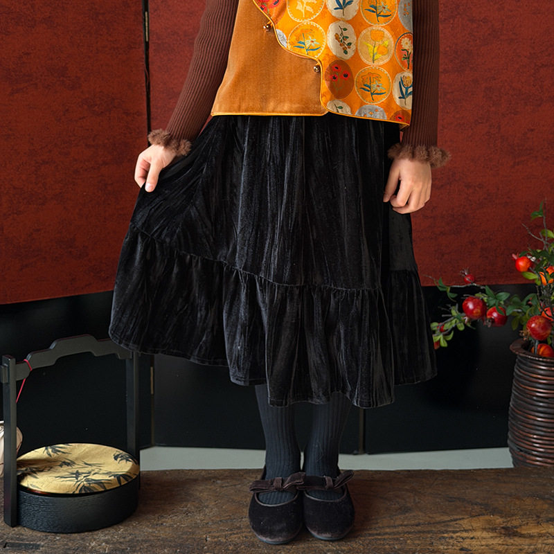 Yumi妈女童宝宝冬季拜年服裙子儿童中长款复古丝绒半身裙25M189,童装/婴儿装/亲子装,半身裙,淘宝优惠券,粉丝福利购,淘宝优惠卷