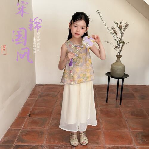 女童新中式盘扣旗袍背心套装