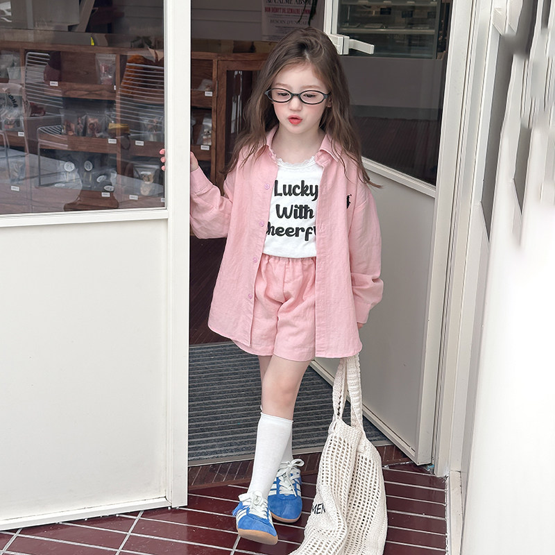 女童洋气莱赛尔天丝麻棉套装