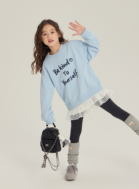 Yumi妈女童圆领字母卫衣秋装儿童宽松休闲套头上衣 25G002