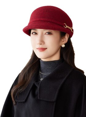 秋冬季妈妈帽子羊毛呢百搭链条毡帽中老年人保暖新款鸭舌帽潮盆帽