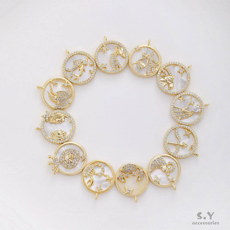 保色14K包金十二星座微镶锆石吊坠手工diy串珍珠项链手链饰品配件