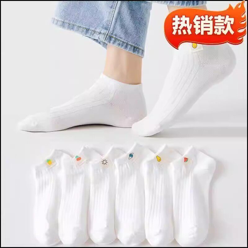 新袜子女春夏薄款浅口水果布标船袜可爱日系短筒白色百搭潮短袜